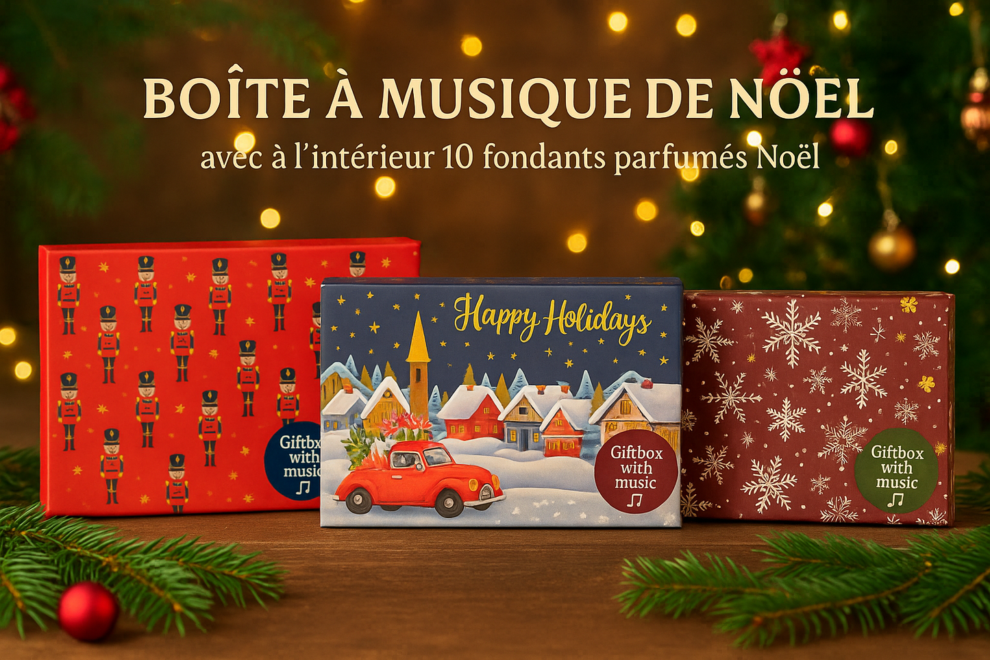 Boite musical Noël avec 8 fondant parfumé à l’intérieur senteur Noël